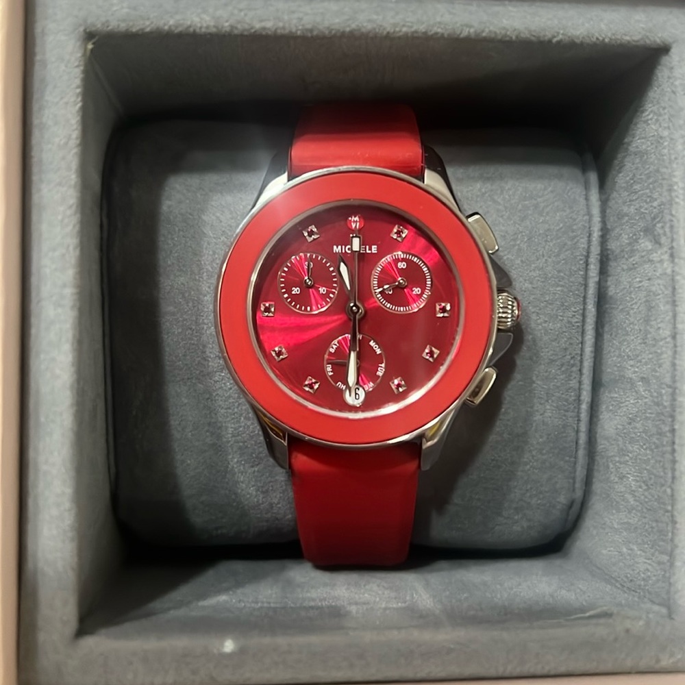 Michele Cape Red Sunray Dial Ladies Chronograph Watch
